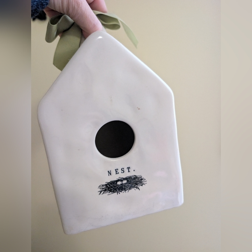 Rae Dunn White Ceramic Birdhouse with Nest Design